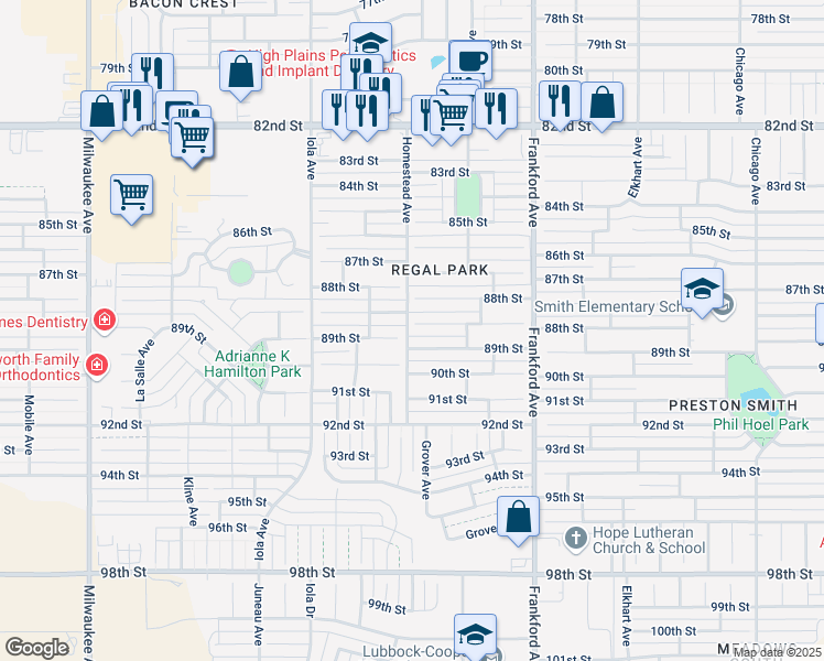 map of restaurants, bars, coffee shops, grocery stores, and more near 5919 88th Place in Lubbock