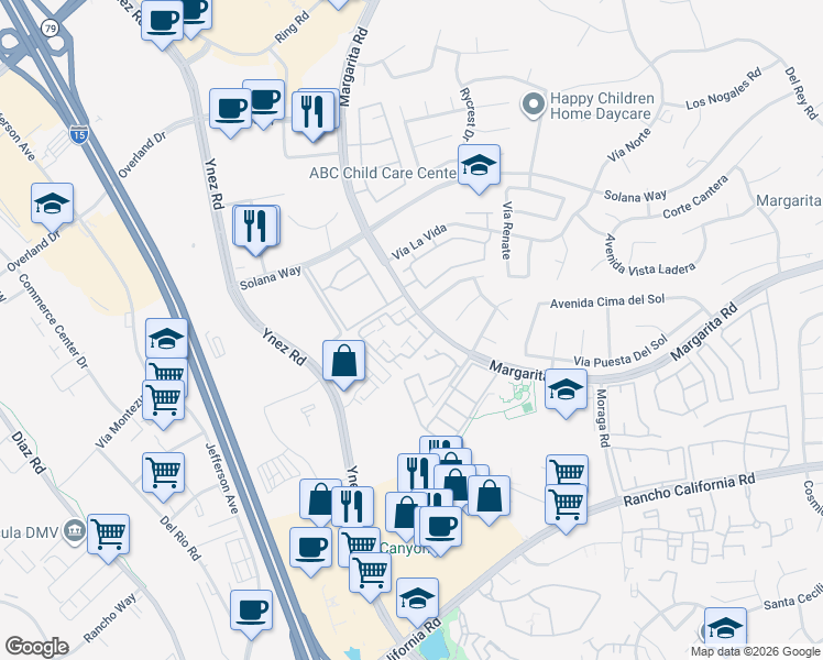 map of restaurants, bars, coffee shops, grocery stores, and more near 29583 Cara Way in Temecula