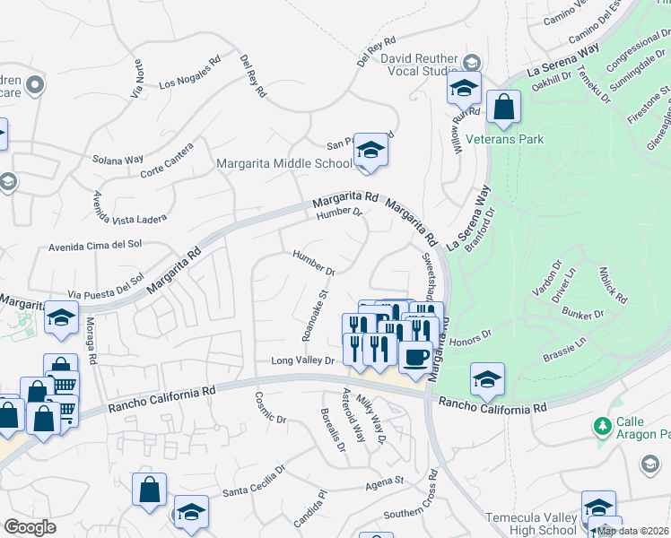 map of restaurants, bars, coffee shops, grocery stores, and more near 42005 Humber Drive in Temecula