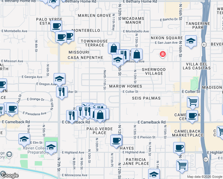 map of restaurants, bars, coffee shops, grocery stores, and more near 1124 East Colter Street in Phoenix