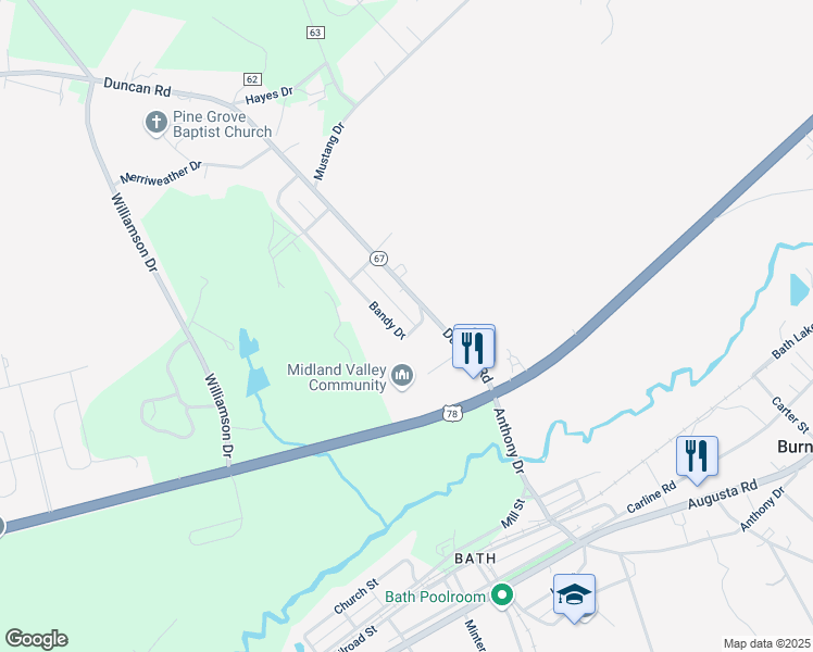 map of restaurants, bars, coffee shops, grocery stores, and more near 116 Bandy Drive in Graniteville