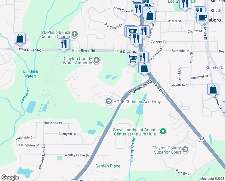 map of restaurants, bars, coffee shops, grocery stores, and more near 8883 Woodridge Court in Jonesboro