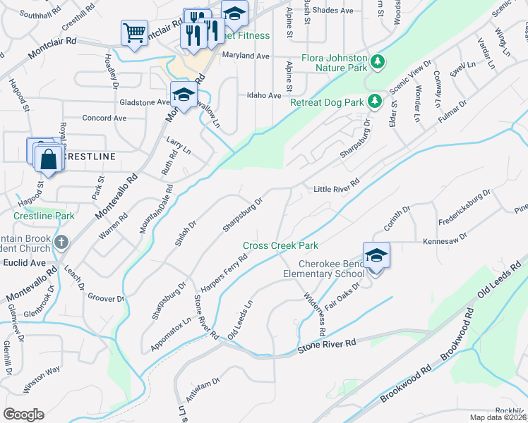 map of restaurants, bars, coffee shops, grocery stores, and more near 4249 Sharpsburg Drive in Birmingham