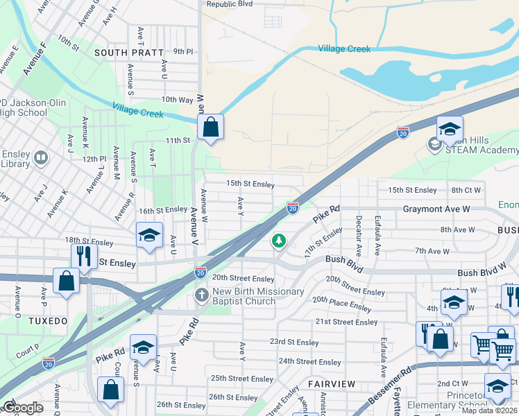 map of restaurants, bars, coffee shops, grocery stores, and more near 2523 16th street Ensley in Birmingham