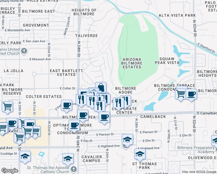 map of restaurants, bars, coffee shops, grocery stores, and more near 5223 North 24th Street in Phoenix