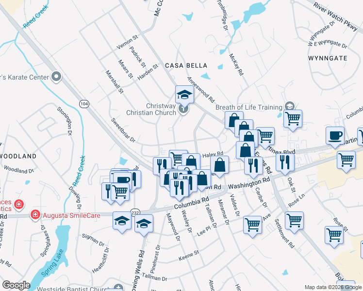 map of restaurants, bars, coffee shops, grocery stores, and more near 3934 Desoto Drive in Augusta