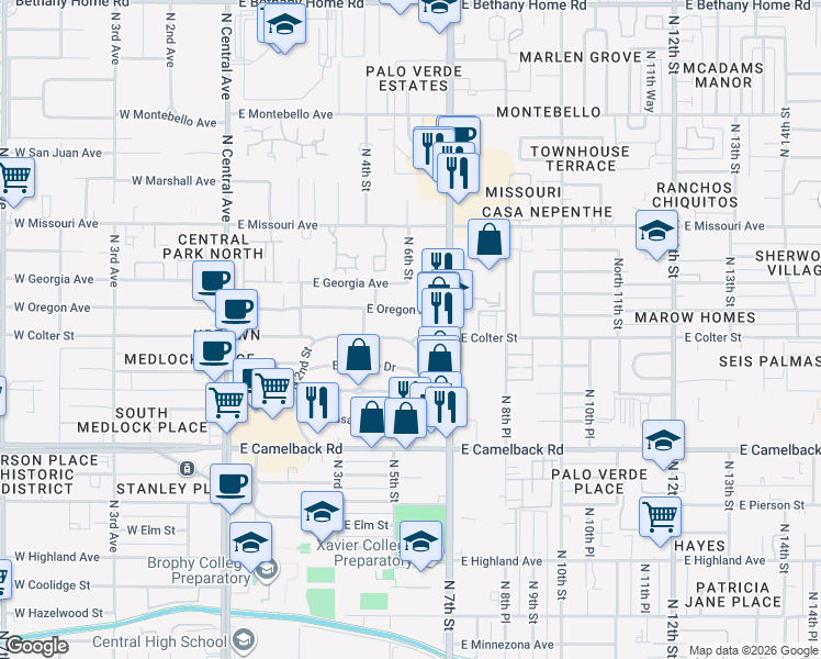 map of restaurants, bars, coffee shops, grocery stores, and more near 540 East Colter Street in Phoenix