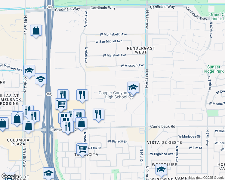 map of restaurants, bars, coffee shops, grocery stores, and more near 9310 West Oregon Avenue in Glendale