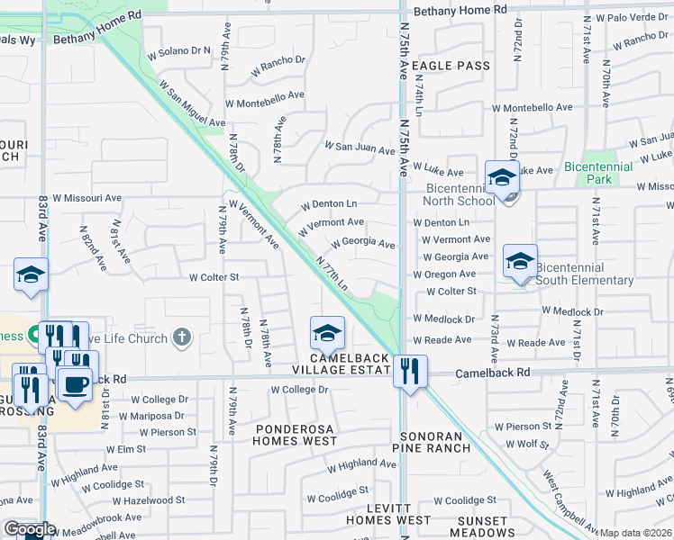 map of restaurants, bars, coffee shops, grocery stores, and more near 5381 N 77th Ln in Glendale