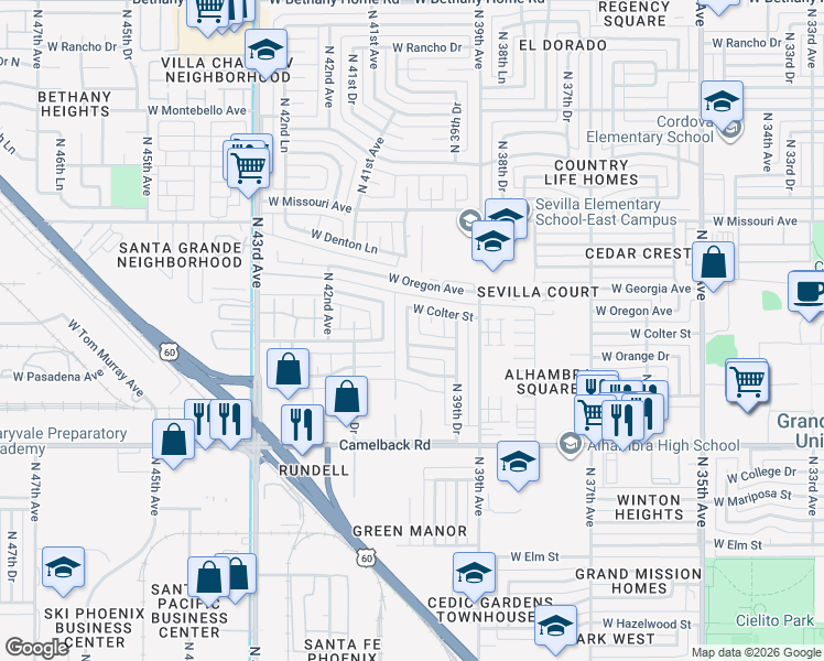 map of restaurants, bars, coffee shops, grocery stores, and more near 5201 North 40th Drive in Phoenix