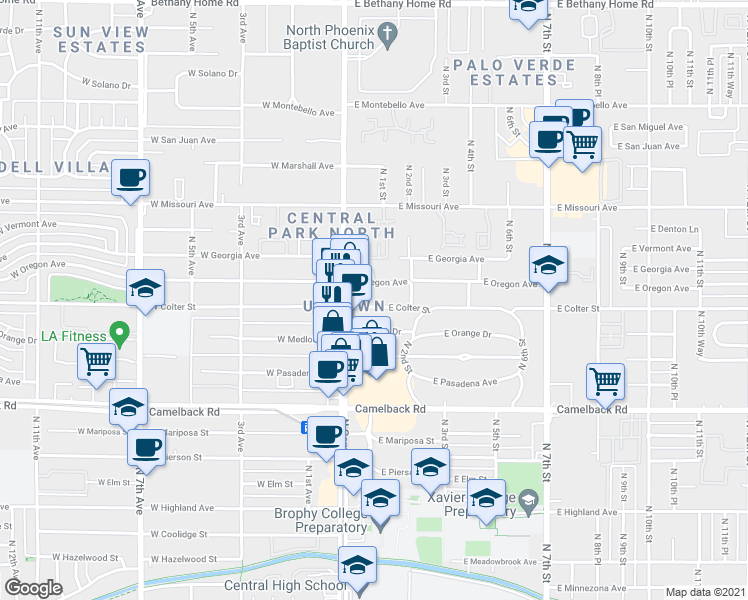 map of restaurants, bars, coffee shops, grocery stores, and more near 26 East Colter Street in Phoenix