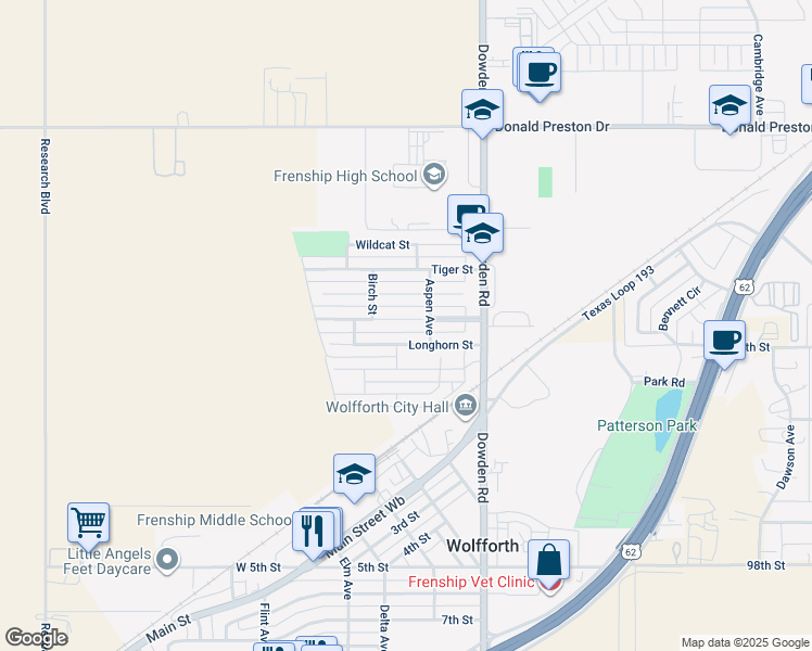 map of restaurants, bars, coffee shops, grocery stores, and more near 307 Raider Boulevard in Wolfforth