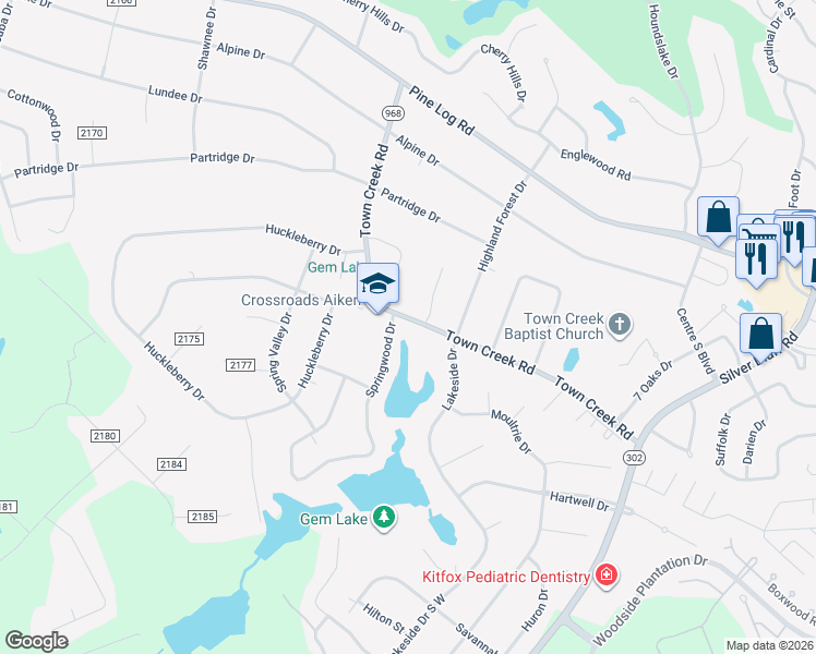 map of restaurants, bars, coffee shops, grocery stores, and more near 475 Town Creek Road in Aiken