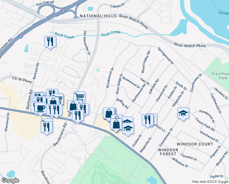 map of restaurants, bars, coffee shops, grocery stores, and more near 1033 River Ridge Drive in Augusta