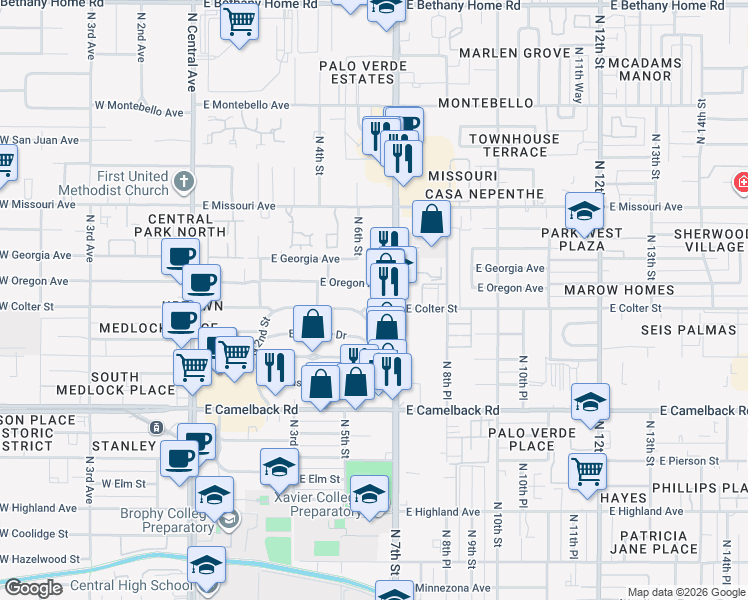 map of restaurants, bars, coffee shops, grocery stores, and more near 540 East Colter Street in Phoenix