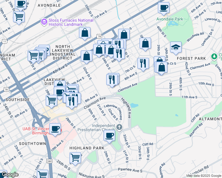 map of restaurants, bars, coffee shops, grocery stores, and more near 3303 Clairmont Avenue in Birmingham