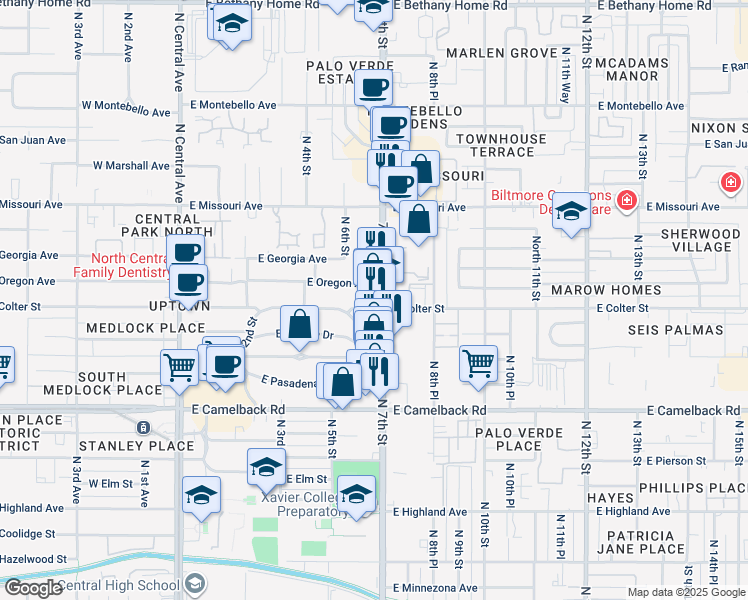 map of restaurants, bars, coffee shops, grocery stores, and more near in Phoenix