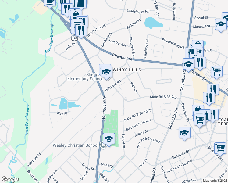 map of restaurants, bars, coffee shops, grocery stores, and more near 115 Crescent Oaks Court in Orangeburg
