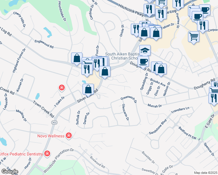 map of restaurants, bars, coffee shops, grocery stores, and more near 128 King Edward Way in Aiken