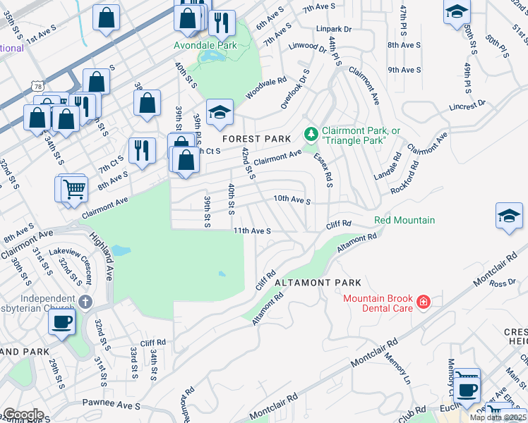 map of restaurants, bars, coffee shops, grocery stores, and more near 1012 42nd Street South in Birmingham