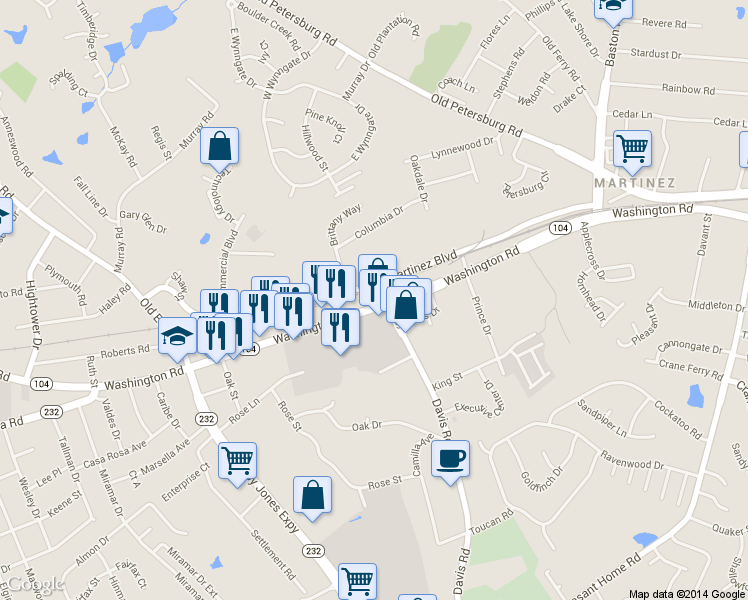 map of restaurants, bars, coffee shops, grocery stores, and more near 3807 Washington Road in Martinez