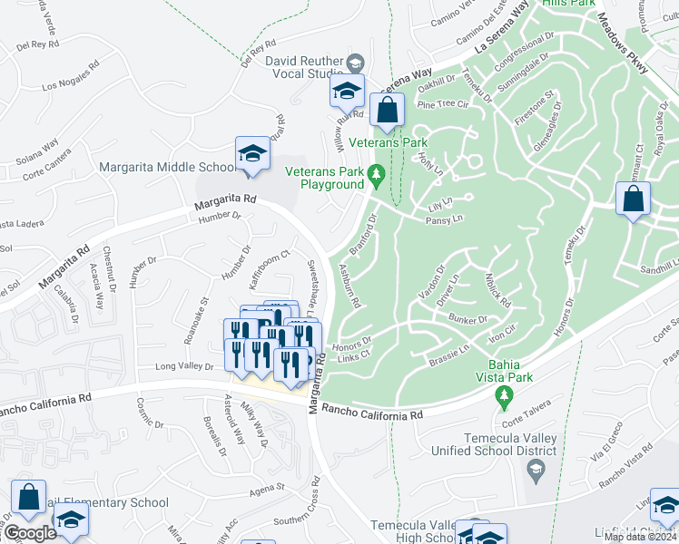 map of restaurants, bars, coffee shops, grocery stores, and more near 41453 Ashburn Road in Temecula