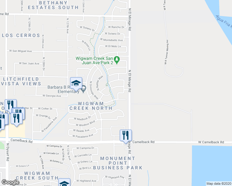 map of restaurants, bars, coffee shops, grocery stores, and more near 5332 North 124th Avenue in Litchfield Park