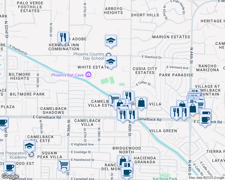 map of restaurants, bars, coffee shops, grocery stores, and more near 5100 North 40th Street in Phoenix