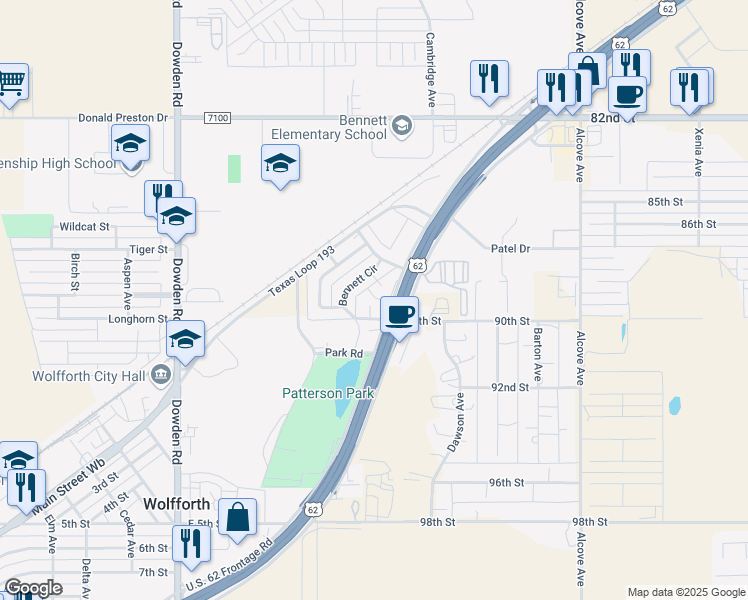 map of restaurants, bars, coffee shops, grocery stores, and more near 15 Wagnon Drive in Wolfforth