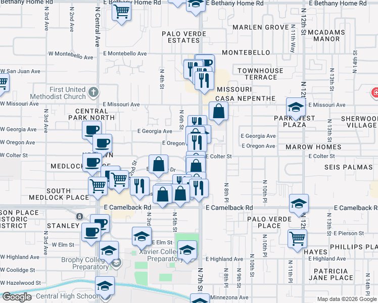 map of restaurants, bars, coffee shops, grocery stores, and more near 540 East Colter Street in Phoenix