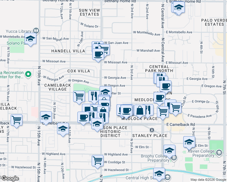 map of restaurants, bars, coffee shops, grocery stores, and more near 419 West Colter Street in Phoenix