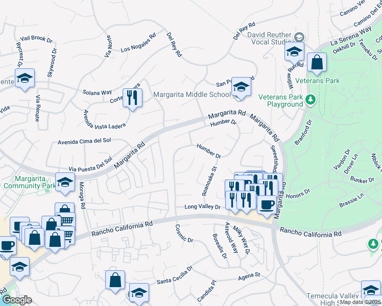 map of restaurants, bars, coffee shops, grocery stores, and more near 30301 Rogue Circle in Temecula