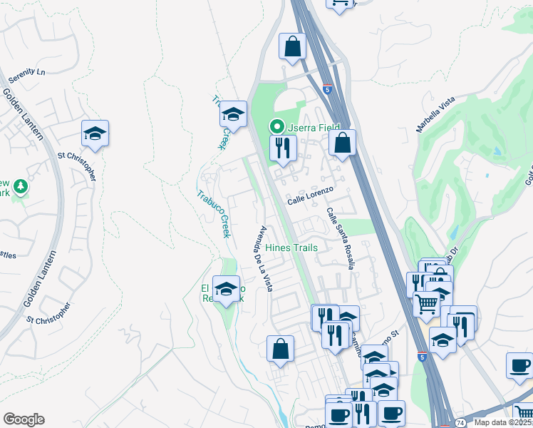 map of restaurants, bars, coffee shops, grocery stores, and more near 30972 Calle San Diego in San Juan Capistrano
