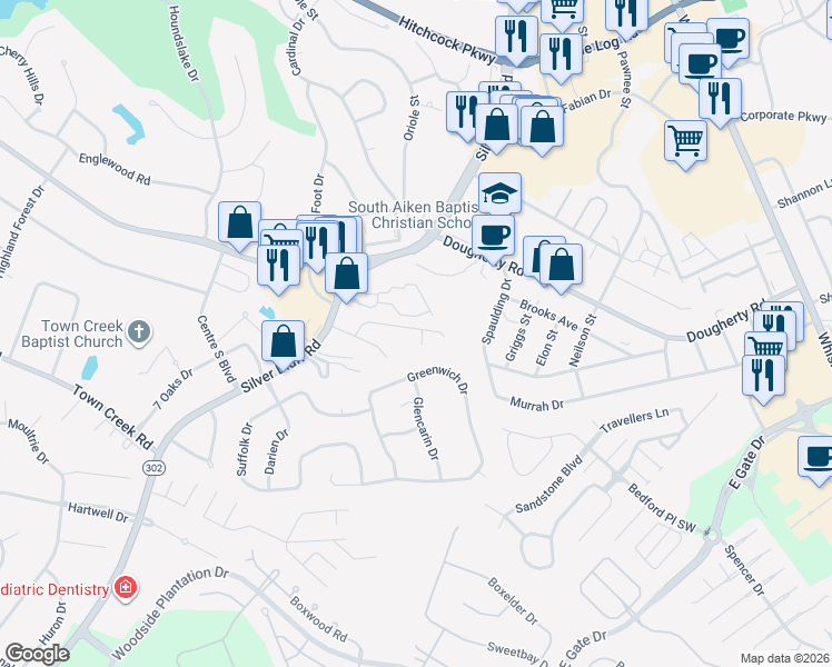 map of restaurants, bars, coffee shops, grocery stores, and more near 129 Charleston Row Boulevard in Aiken