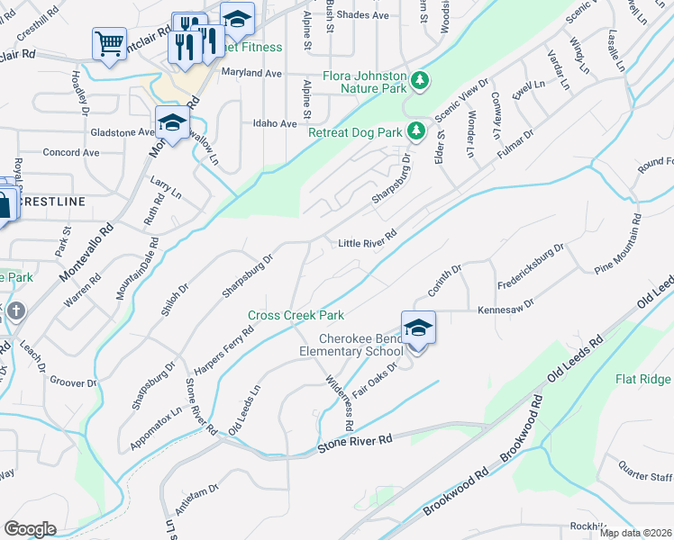 map of restaurants, bars, coffee shops, grocery stores, and more near 13 Cross Creek Drive in Birmingham