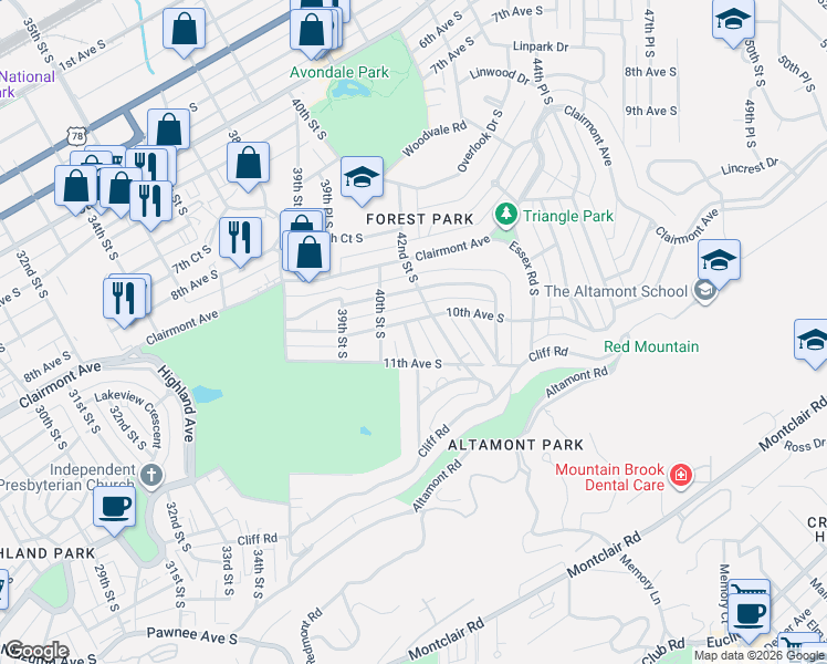 map of restaurants, bars, coffee shops, grocery stores, and more near 1012 42nd Street South in Birmingham