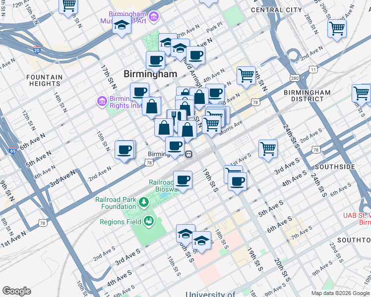 map of restaurants, bars, coffee shops, grocery stores, and more near 1809 1st Avenue North in Birmingham
