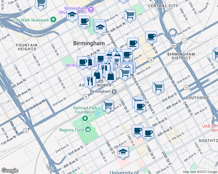 map of restaurants, bars, coffee shops, grocery stores, and more near 1809 1st Avenue North in Birmingham