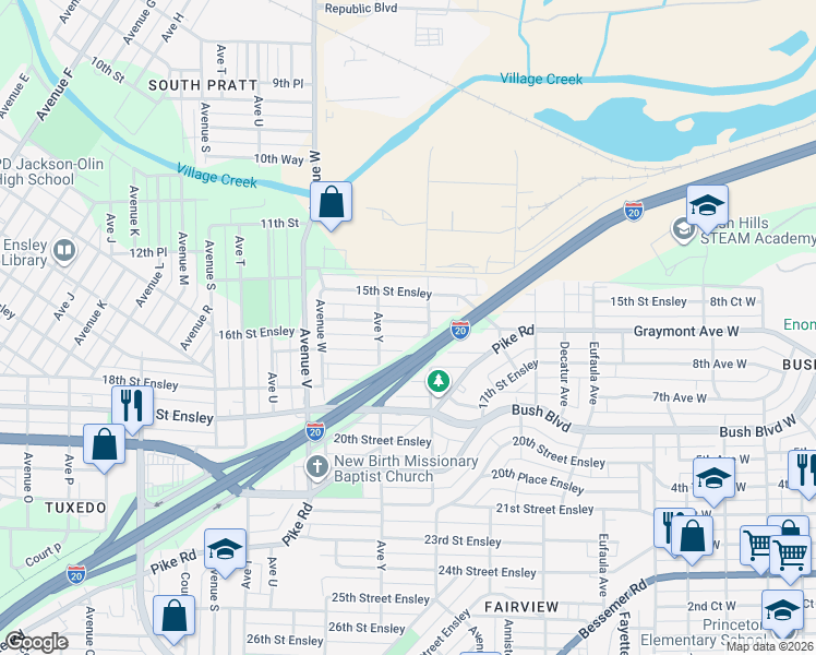 map of restaurants, bars, coffee shops, grocery stores, and more near 2523 16th street Ensley in Birmingham