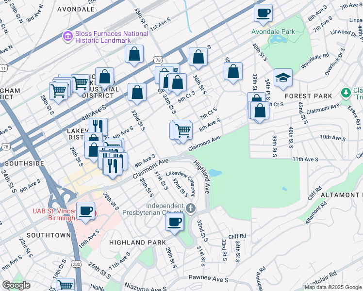 map of restaurants, bars, coffee shops, grocery stores, and more near 3303 Clairmont Avenue in Birmingham