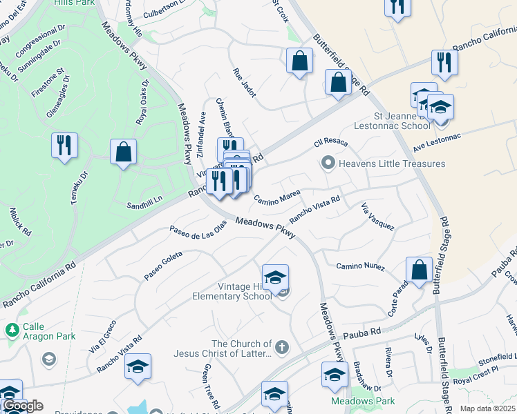 map of restaurants, bars, coffee shops, grocery stores, and more near 31976 Corte La Puenta in Temecula