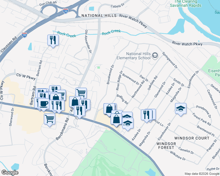 map of restaurants, bars, coffee shops, grocery stores, and more near 1027 Brookwood Drive in Augusta