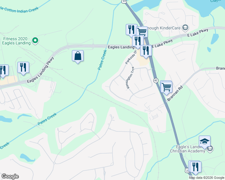 map of restaurants, bars, coffee shops, grocery stores, and more near 142 Parkside Drive in Stockbridge
