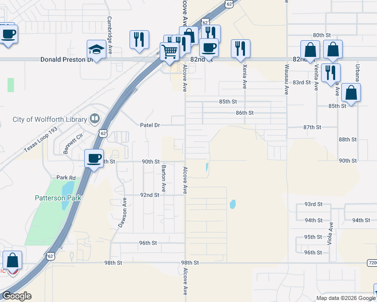 map of restaurants, bars, coffee shops, grocery stores, and more near 7811 89th Street in Lubbock