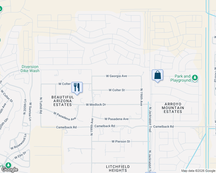 map of restaurants, bars, coffee shops, grocery stores, and more near 19742 West Colter Street in Litchfield Park