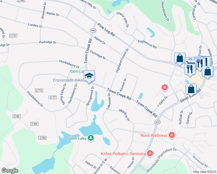 map of restaurants, bars, coffee shops, grocery stores, and more near 143 Highland Forest Drive in Aiken