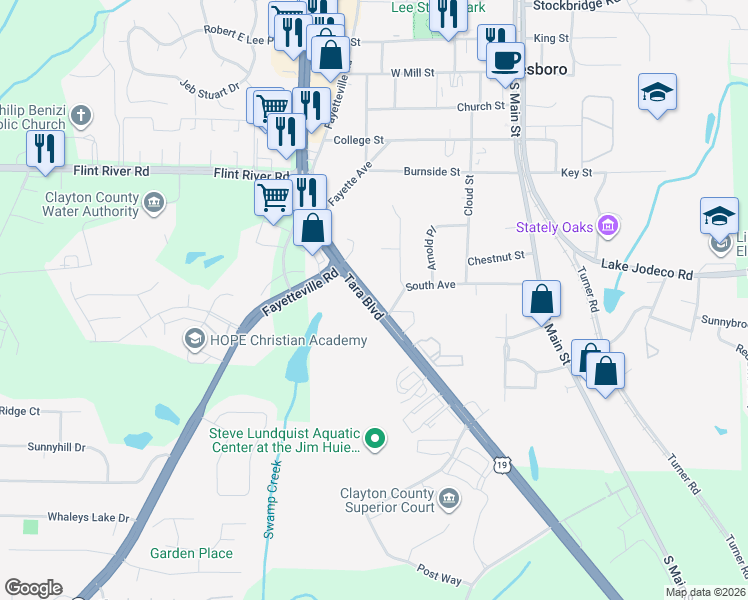 map of restaurants, bars, coffee shops, grocery stores, and more near Tara Boulevard in Jonesboro