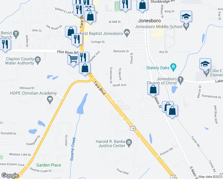 map of restaurants, bars, coffee shops, grocery stores, and more near 147 South Avenue in Jonesboro