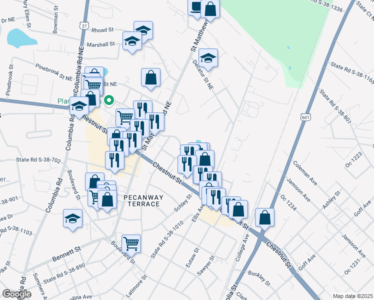 map of restaurants, bars, coffee shops, grocery stores, and more near 1210 Nelson Street Northeast in Orangeburg