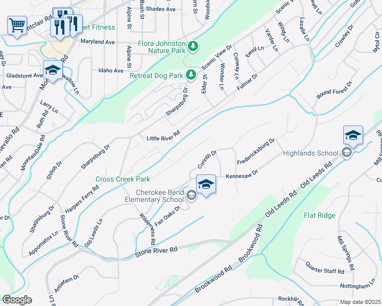 map of restaurants, bars, coffee shops, grocery stores, and more near 66 Cross Creek Drive East in Birmingham